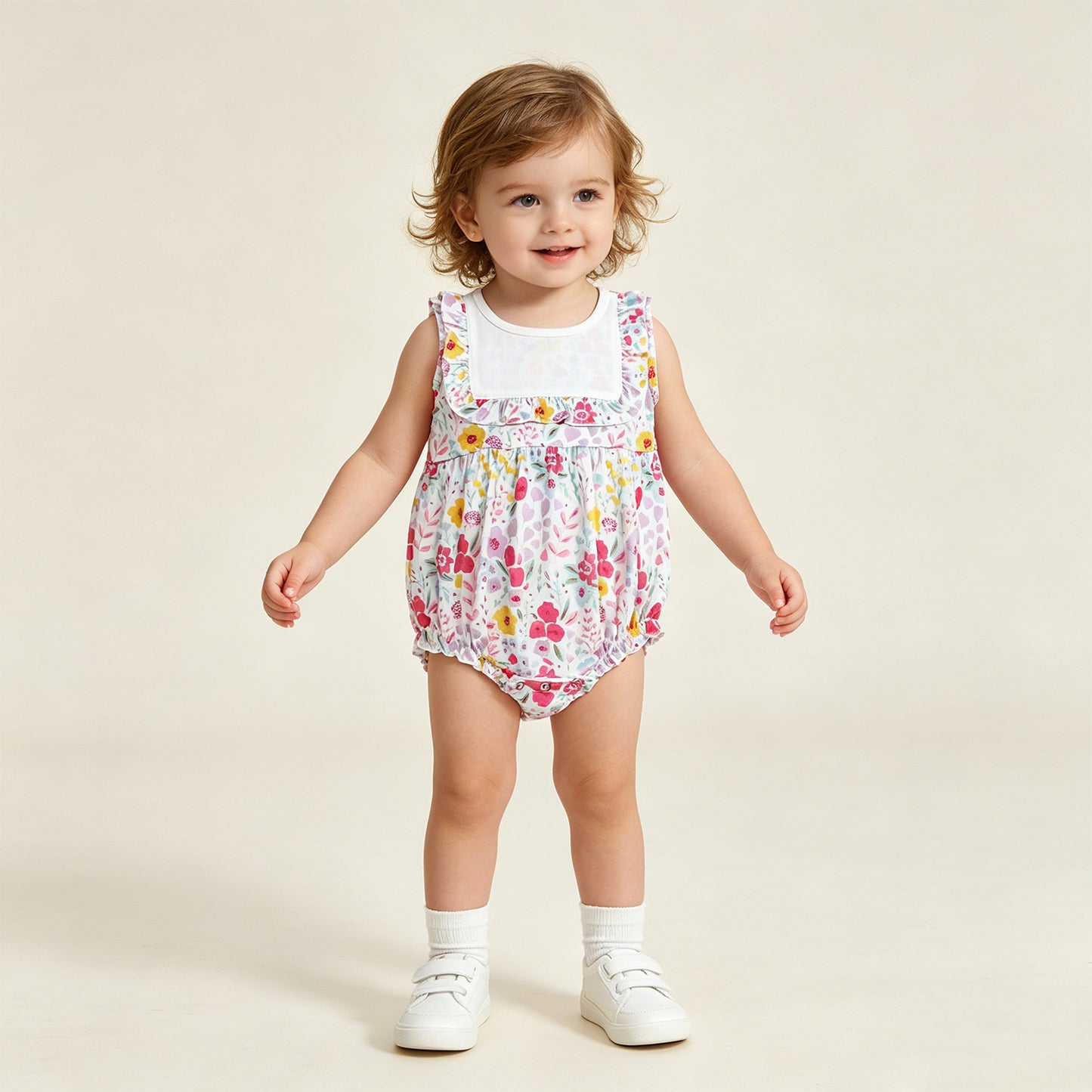 RTS NO MOQ milk silk SR4021 Baby Girls Sleeveless Ruffle Colorful Flowers Casual Rompers