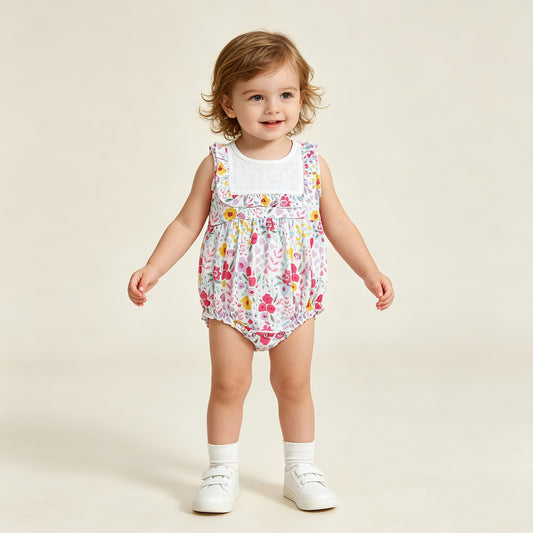 RTS NO MOQ milk silk SR4021 Baby Girls Sleeveless Ruffle Colorful Flowers Casual Rompers