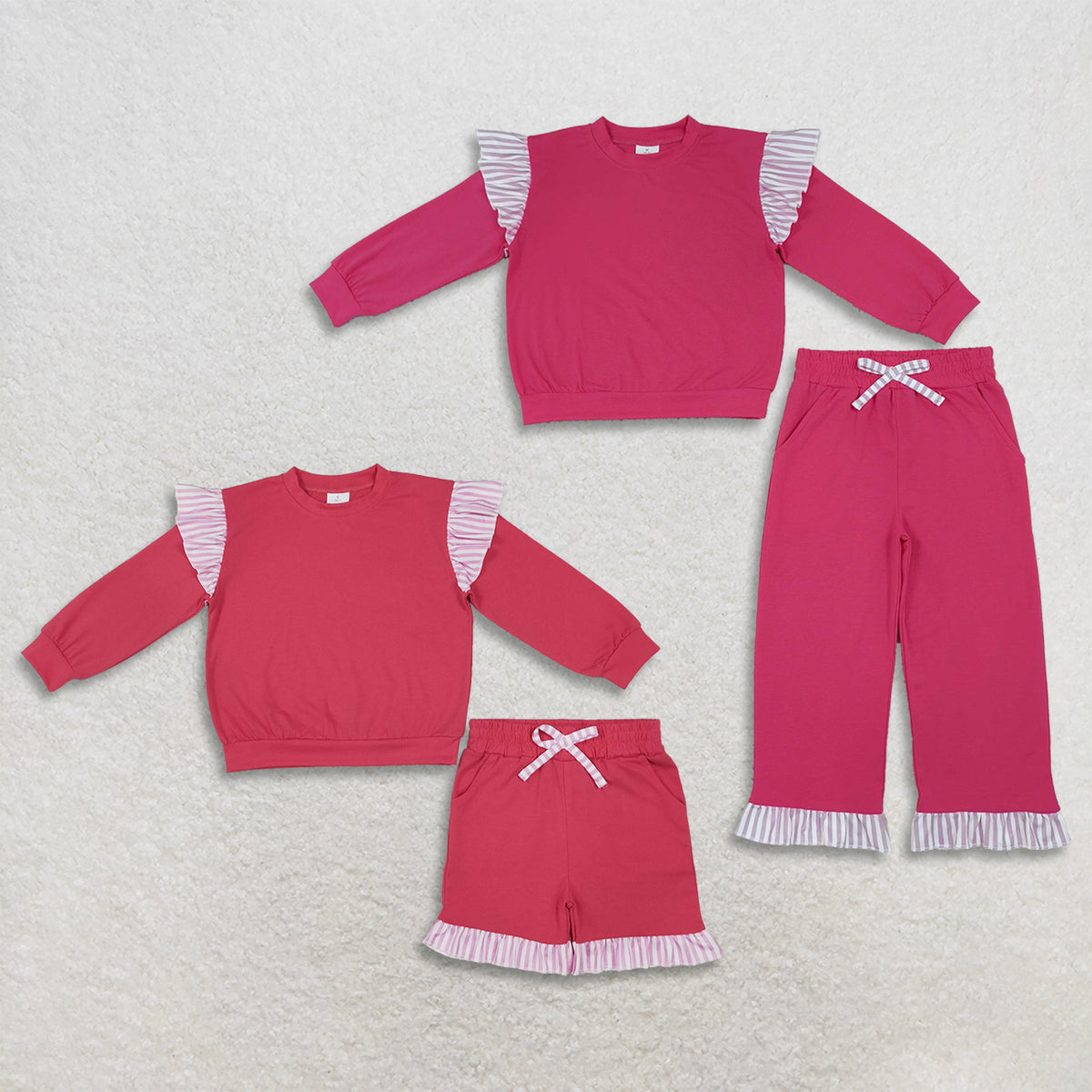 RTS NO MOQ Sibling milk silk Baby Girls Watermelon Red Stripe Ruffle Long Sleeve Top Pant Short Set