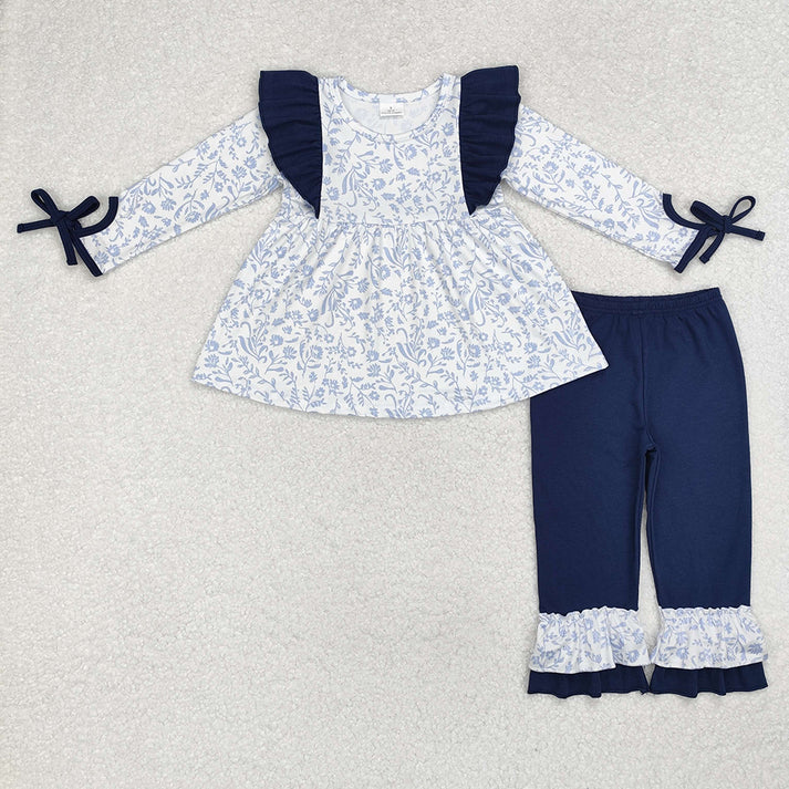 RTS NO MOQ Light blue and purple floral long sleeves with bowknot & dress & romper