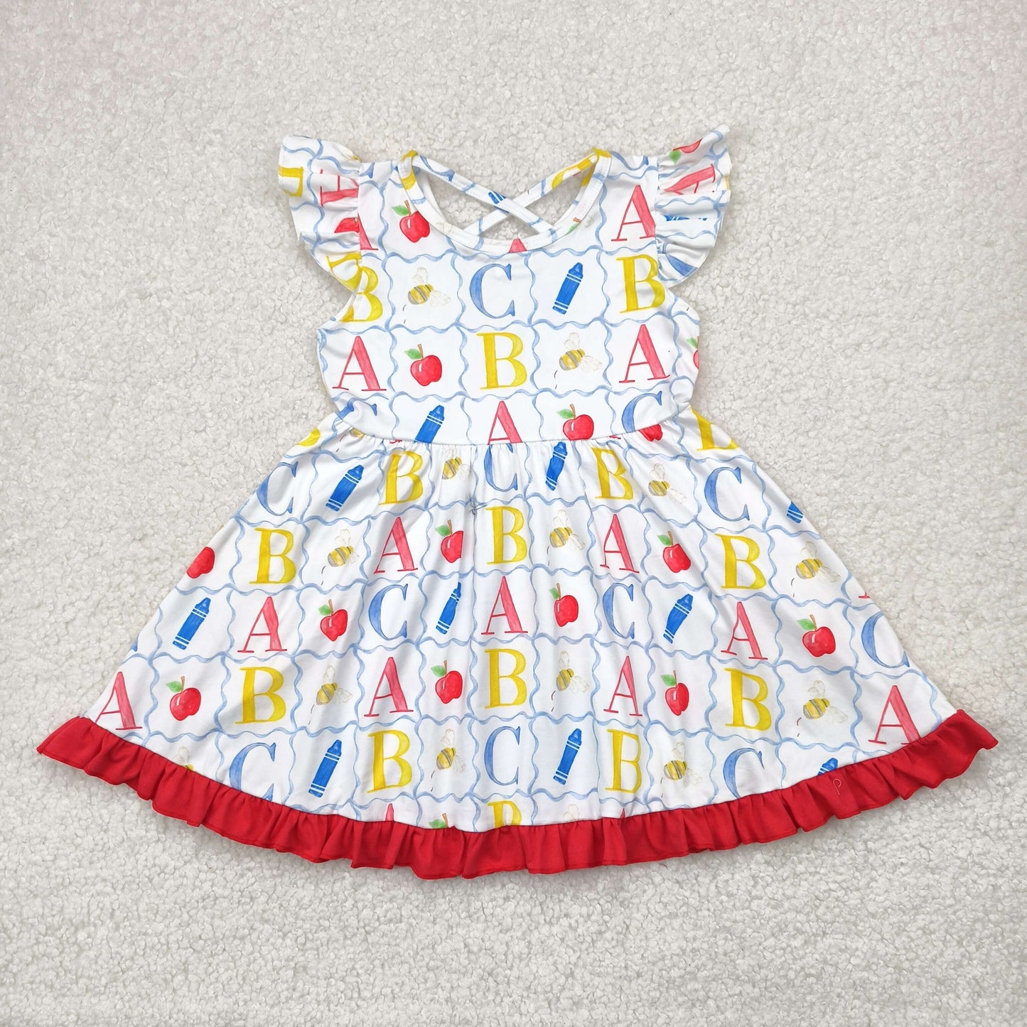 RTS NO MOQ GSD2258 ABC pencil apple plaid red and white flying sleeve dress