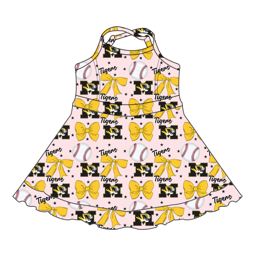 Custom moq 5 mix sizes summer teams baby girls clothes team baseball bow yellow short sleeve dress-25.6.13