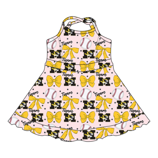 Custom moq 5 mix sizes summer teams baby girls clothes team baseball bow yellow short sleeve dress-25.6.13