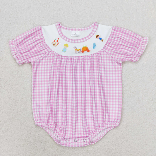 RTS no moq SR1692 Dream pumpkin car pink and white plaid short-sleeved jumpsuit