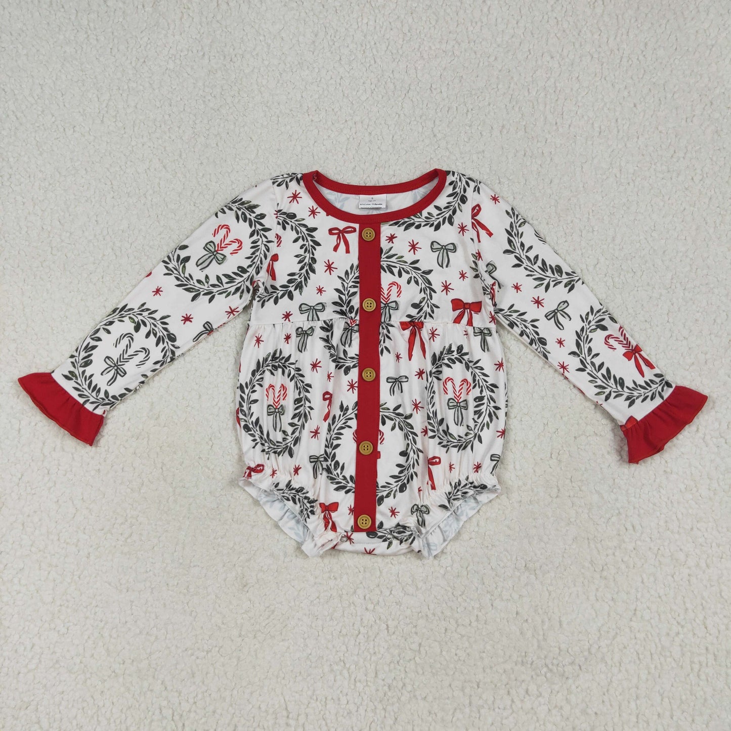 RTS NO MOQ（In Stock ) LR2252 Christmas wreath bow pattern red lace button long sleeve jumpsuit