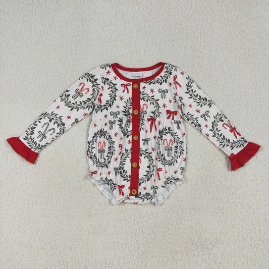 RTS NO MOQ（In Stock ) LR2252 Christmas wreath bow pattern red lace button long sleeve jumpsuit