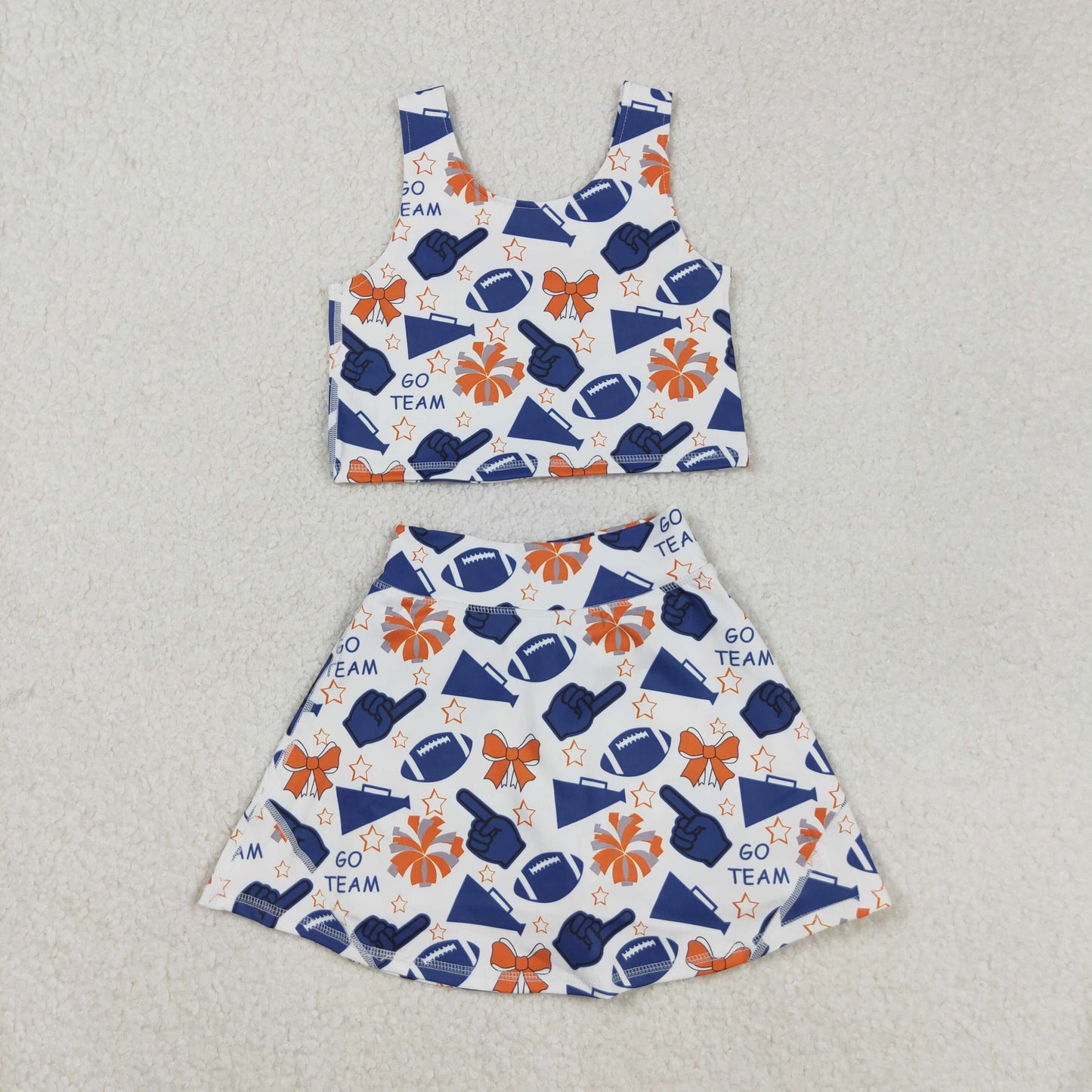 RTS NO MOQ（In Stock) GSD2694 GO TEAM Blue Hand Signal Trumpet Star Bow Pattern Sleeveless Skirt Yoga Set