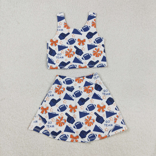 RTS NO MOQ（In Stock) GSD2694 GO TEAM Blue Hand Signal Trumpet Star Bow Pattern Sleeveless Skirt Yoga Set