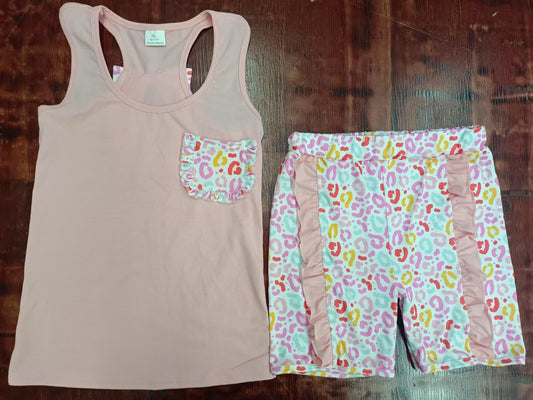 Custom moq 3 eta 6-7weeks baby girls clothes leopard sleeveless shorts sets