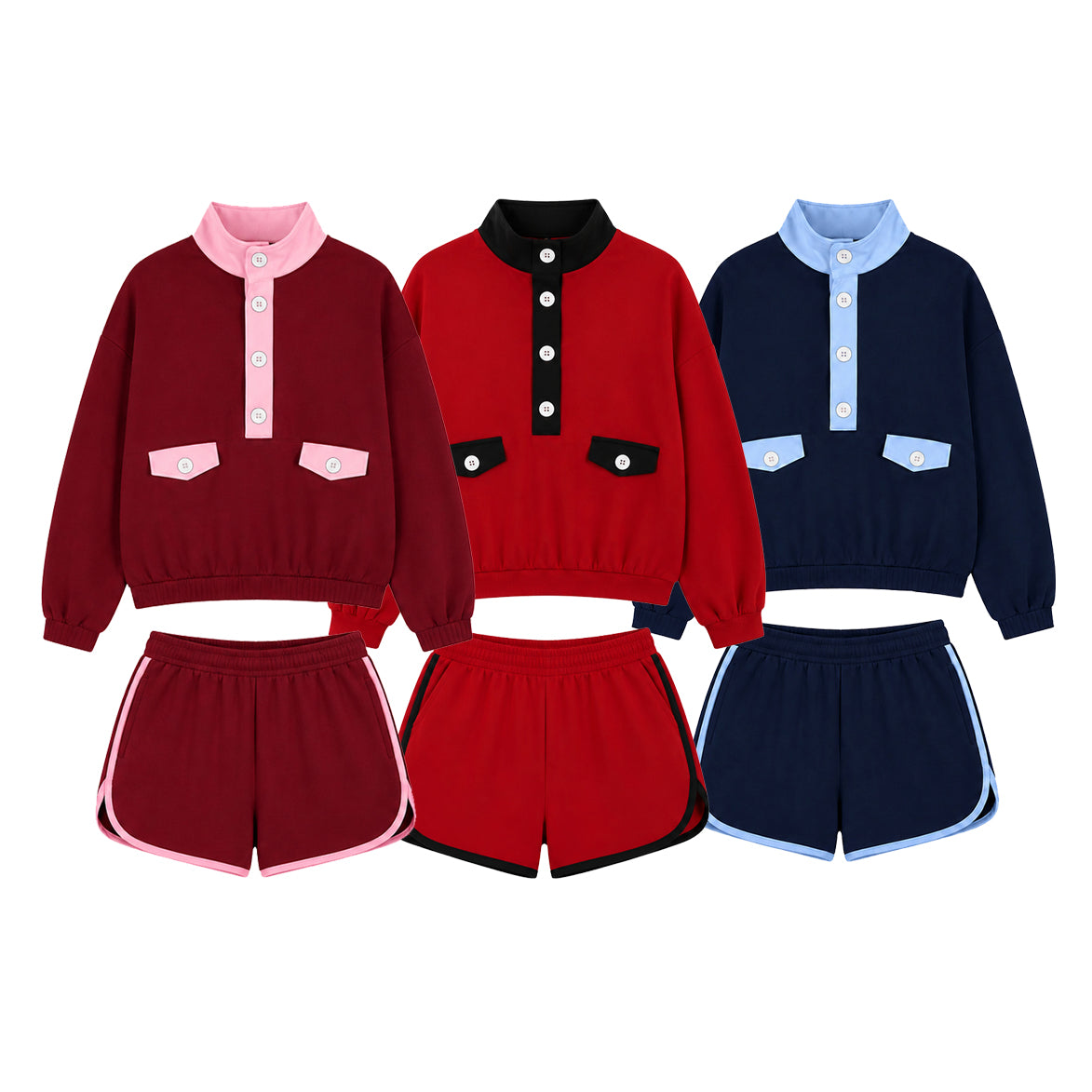 (Preorder new) No moq Adult Women Block Half Button Stand Collar Sweatshirt Stripe Shorts Casual Outfit