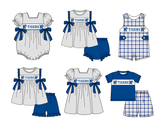 Custom moq 5 mix size milk silk summer teams Blue striped bow Tigers team series