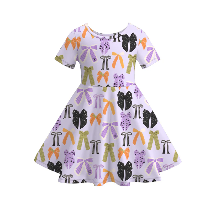 Custom moq 5 each style eta 6-7weeks baby girl bow purple short sleeve pants 1 and pants 2 and dress and shorts sets and top