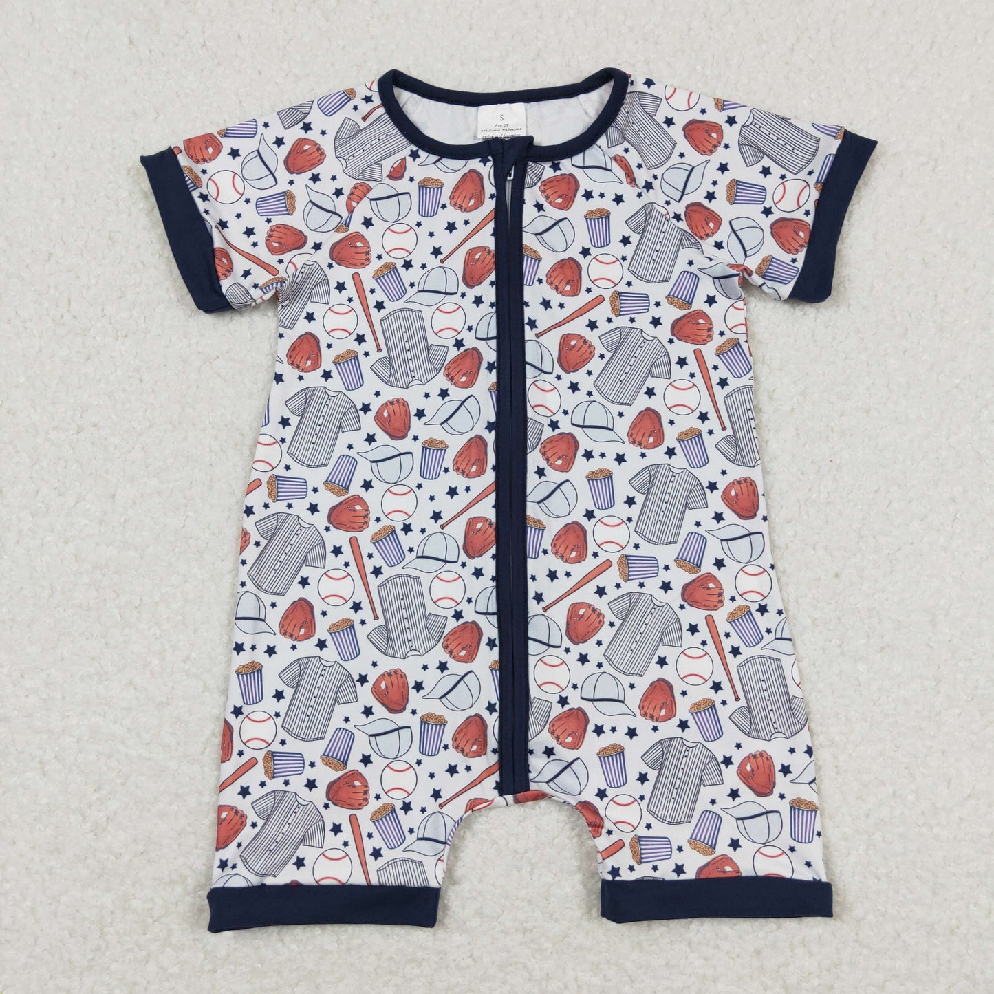 RTS NO MOQ（In Stock) Baseball star gloves blue trim short sleeve zipper jumpsuit