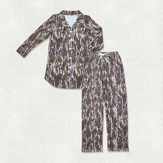 RTS NO MOQ（In Stock) Women's brown, green, and beige camouflage long-sleeved top pants sets-GLP3235
