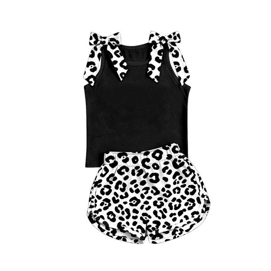 custom moq 5 mix size Baby Girls Leopard Bow Sleeveless Black Top Leopard Shorts Summer Set