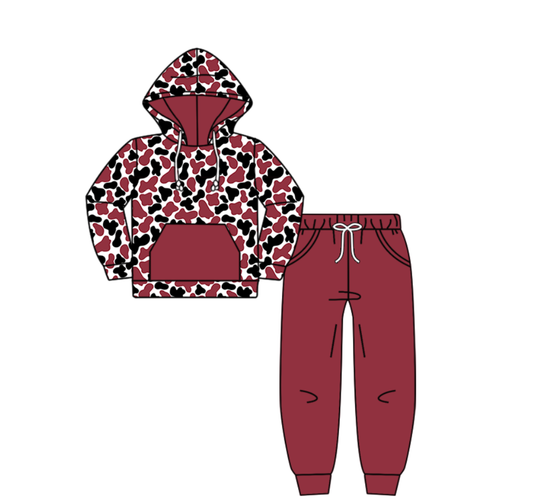 Custom moq 5 mix size milk silk summer teams baby boy clothes camouflage brick red hooded long sleeve pants sets-25.8.6