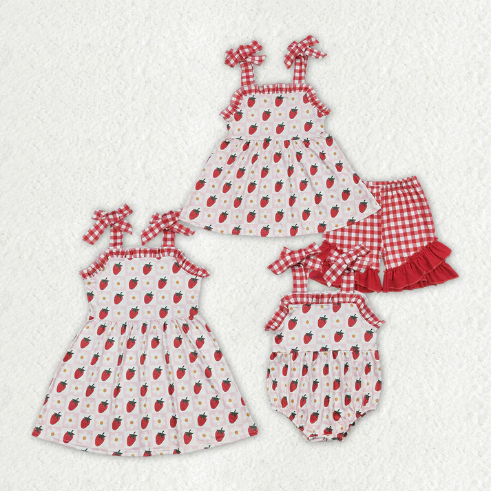 RTS NO MOQ baby girl clothes strawberry short-sleeved shorts sets and romper dress