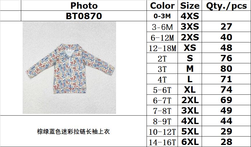 RTS NO MOQ ETA 5/7days arrived BT0870 Brown green and blue camouflage zipper long-sleeved top