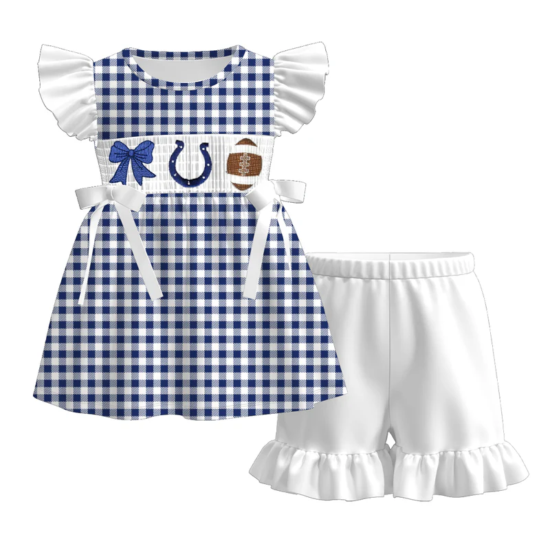Custom summer teams baby girls clothes team blue short sleeve shorts sets dress romper-25.7.19