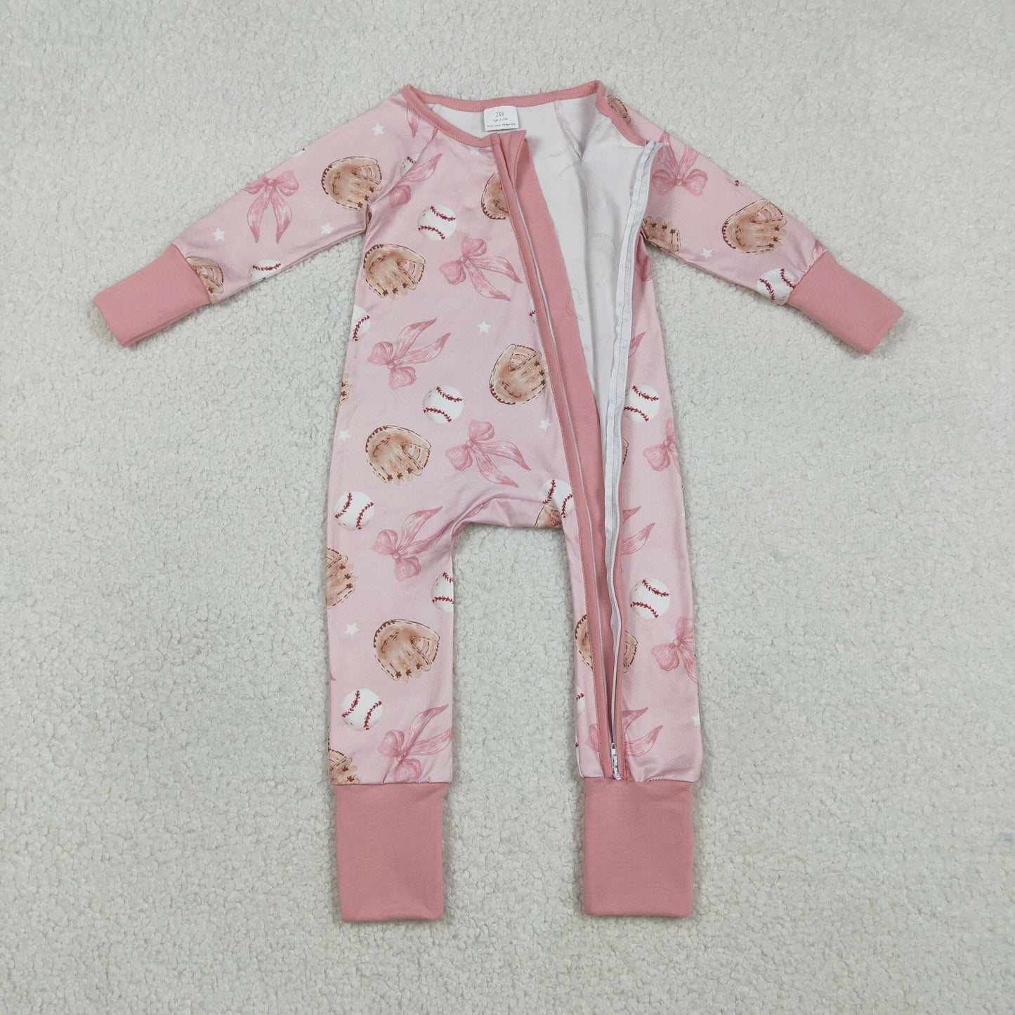 RTS NO MOQ（In Stock ) LR2967 Baseball Glove Bow Pattern Pink Zipper Long-Sleeve Jumpsuit