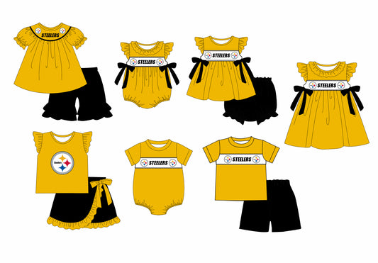 Custom summer teams baby girls clothes team yellow short sleeve shorts sets 3 and briefs sets and dress and rompers-25.7.23
