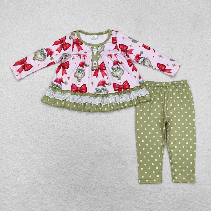 RTS NO MOQ Rose pink bow-Christmas character pink long-sleeved trousers suit & climbing clothes