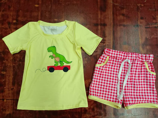Custom moq 3 eta 6-7weeks baby boy clothes yellow Short Sleeve red plaid Shorts Set
