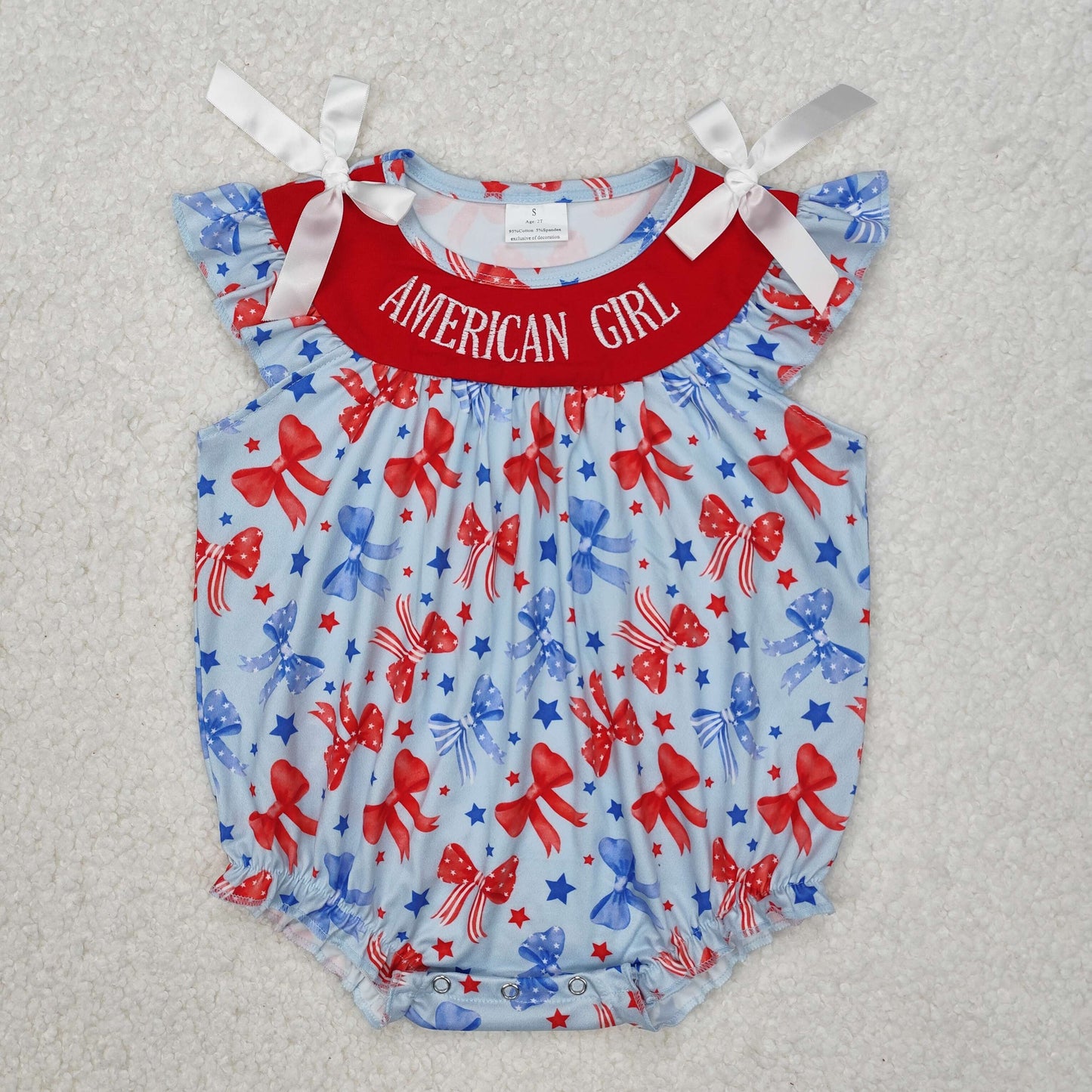RTS NO MOQ ETA 5/7days arrived SR2589 Embroidered American Girl National Day Bow Pattern Blue Flying Sleeves Bodysuit
