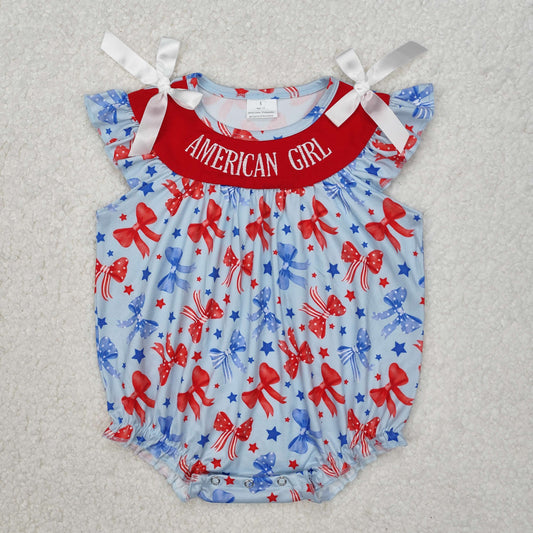 RTS NO MOQ ETA 5/7days arrived SR2589 Embroidered American Girl National Day Bow Pattern Blue Flying Sleeves Bodysuit
