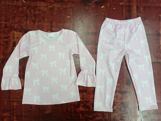 Custom moq 3 eta 6-7weeks baby girl clothes bow pink long-sleeved top and pants set