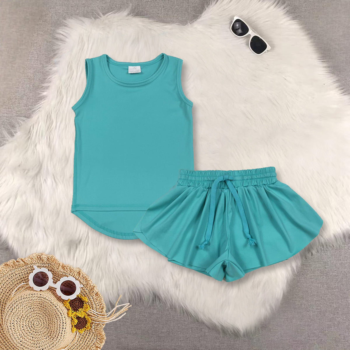 RTS NO MOQ Sibling baby girls clothes yoga solid color short sleeve Clothes Sets