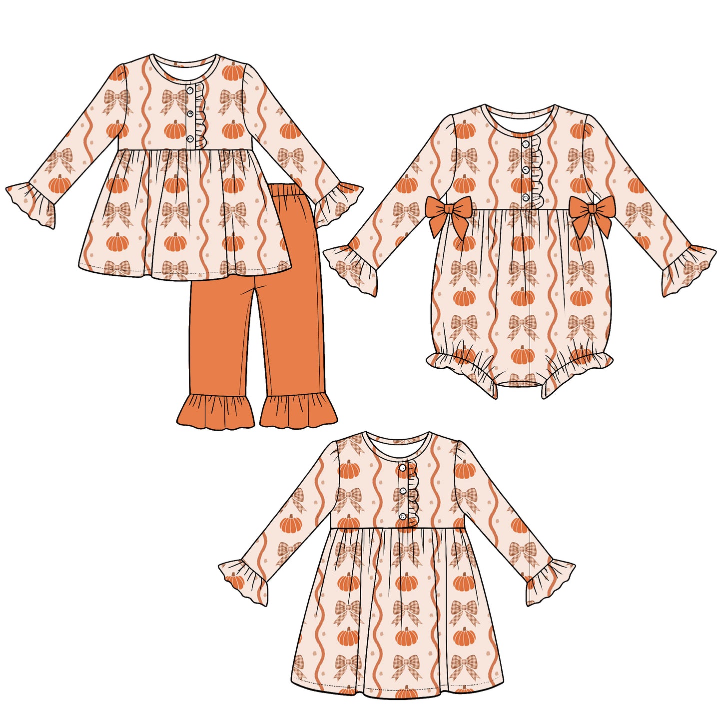 (Preorder new) No moq milk silk Baby Girls Pumpkins Bows Stripe Fall Button Top Ruffle Pants Set Dresses Romper