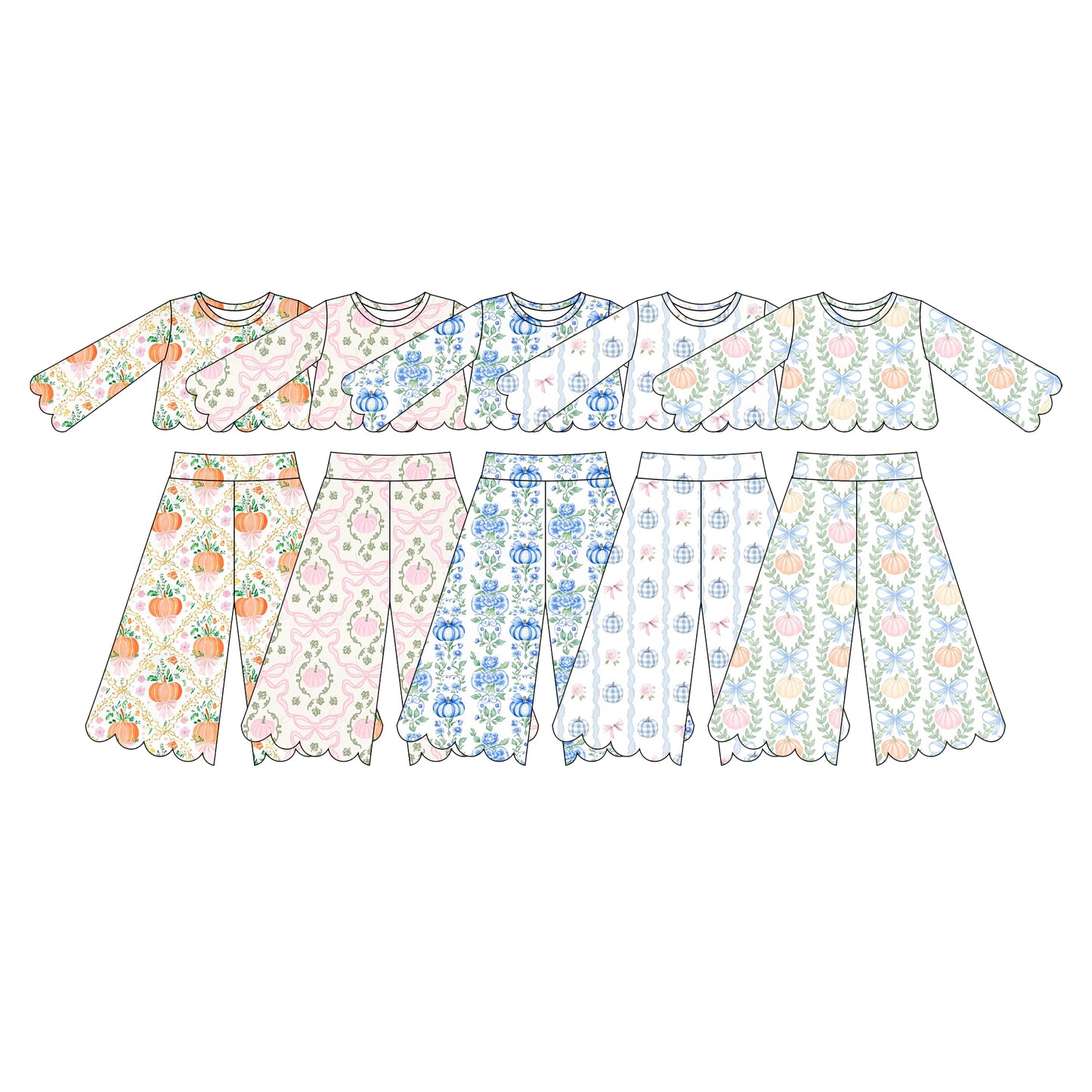 (Pre Order) No moq milk silk Baby Girl Floral Pumpkin Print Long Sleeved Scallop Pants Set
