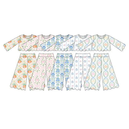 (Pre Order) No moq milk silk Baby Girl Floral Pumpkin Print Long Sleeved Scallop Pants Set