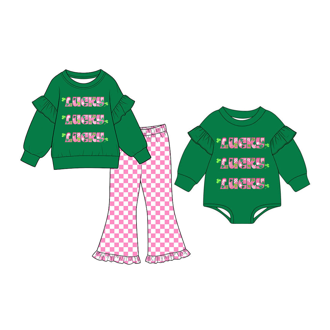 (Preorder new) No moq Baby Girls St Patricks Lucky Letter Ruffle Top And Pink Check Bell Bottom Set Baby Green Ruffle Rompers
