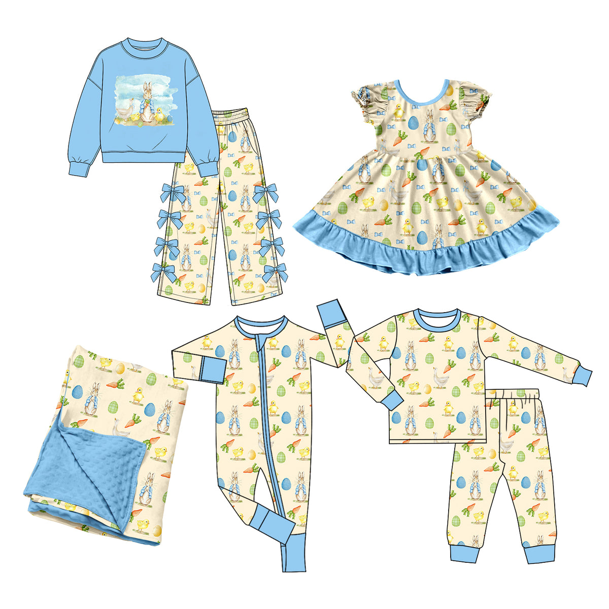 (Preorder new) No moq Baby Kids Easter Rabbit Print Sweatshirt Pant Dress Romper Pajama Blanket Outfit