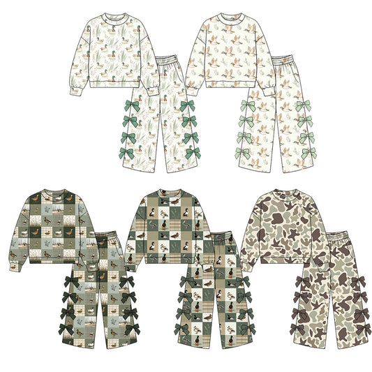 (Preorder new) No moq Baby Girls Duck Leaf Print Long Sleeve Bow Trouser Set