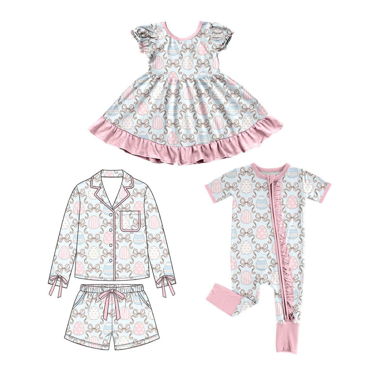 (Preorder new) No moq Baby Girls Easter Egg Bow Print Clothing Ruffle Hem Dress Button‑Down Pajama Set And Two‑Way Zip Baby Romper Spring Holiday Sleepwear Outfit Set