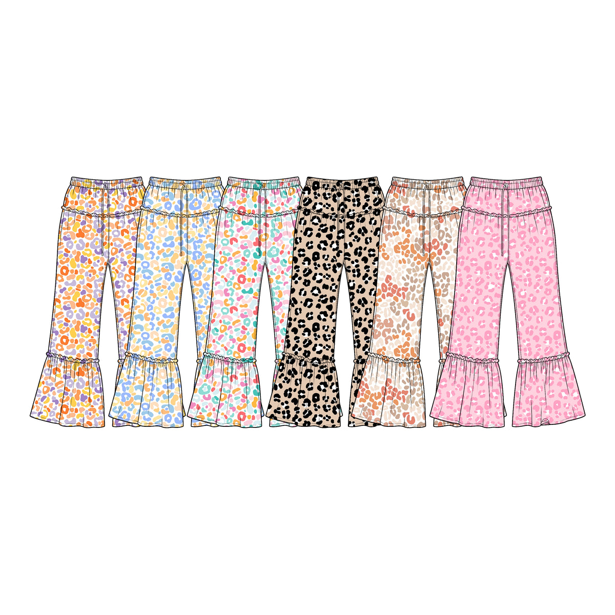 (Preorder new) No moq Baby Girls Colorful Leopard Print Elastic Waist Ruffle Flare Bell Bottom Pants