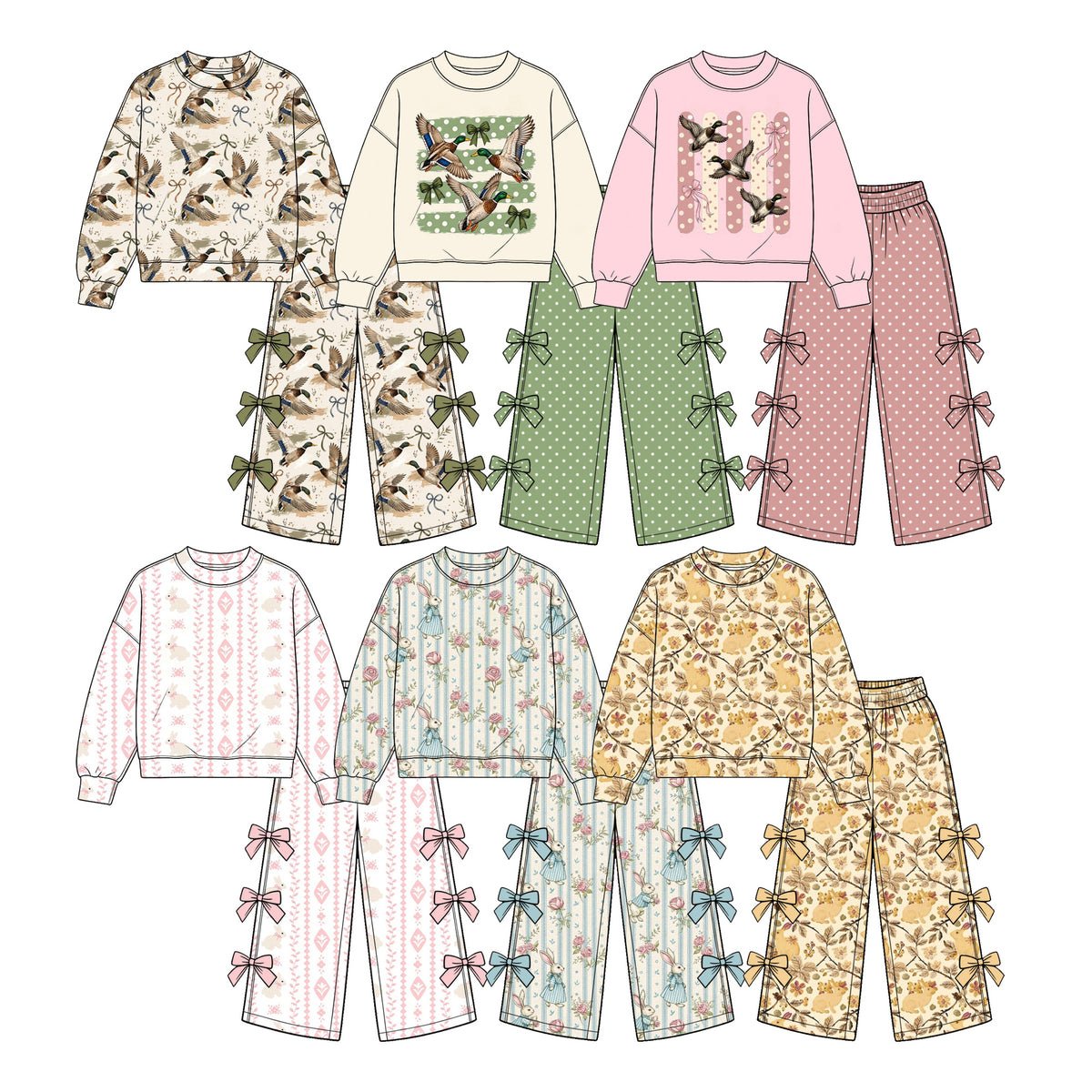 (Preorder new) No moq Baby Girls Duck Print Top And Bow Wide Leg Pant Fall Set