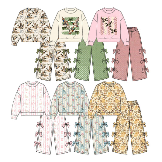 (Preorder new) No moq Baby Girls Duck Print Top And Bow Wide Leg Pant Fall Set