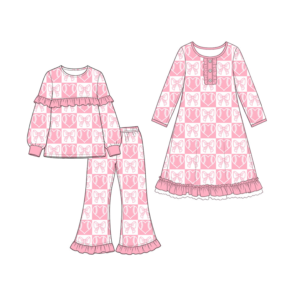 (Preorder new) No moq Baby Girls Baseball Heart Bows Checked Top Ruffle Pant Valentines Clothes Set Dress