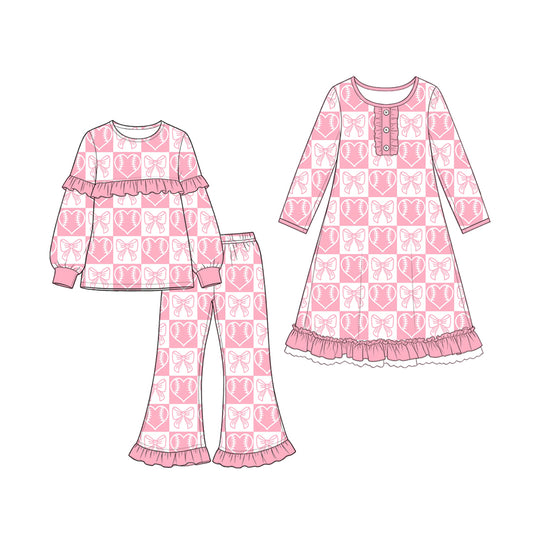 (Preorder new) No moq Baby Girls Baseball Heart Bows Checked Top Ruffle Pant Valentines Clothes Set Dress