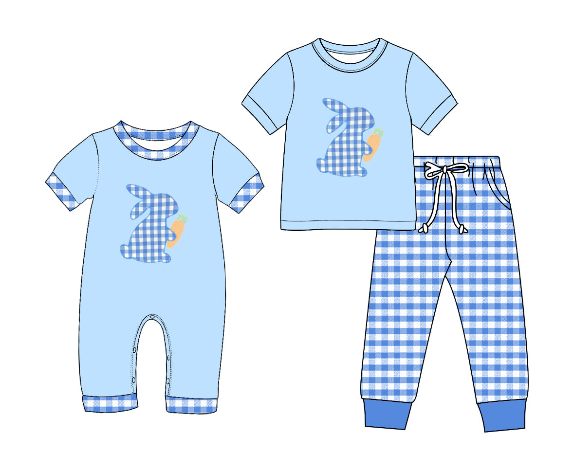 (Preorder new) No moq Baby Boys Easter Gingham Bunny Carrot Short Sleeve Tee Jogger Pant Set Rompers