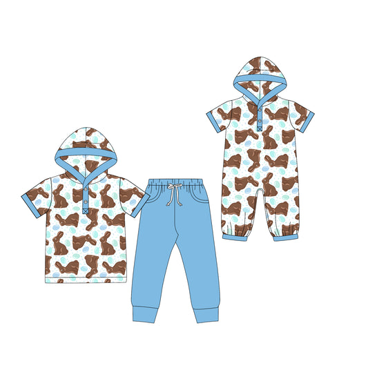 (Preorder new) No moq Baby Boys Easter Chocolate Bunny Print Hooded Short Sleeve Top And Solid Blue Pants Set Hooded Romper