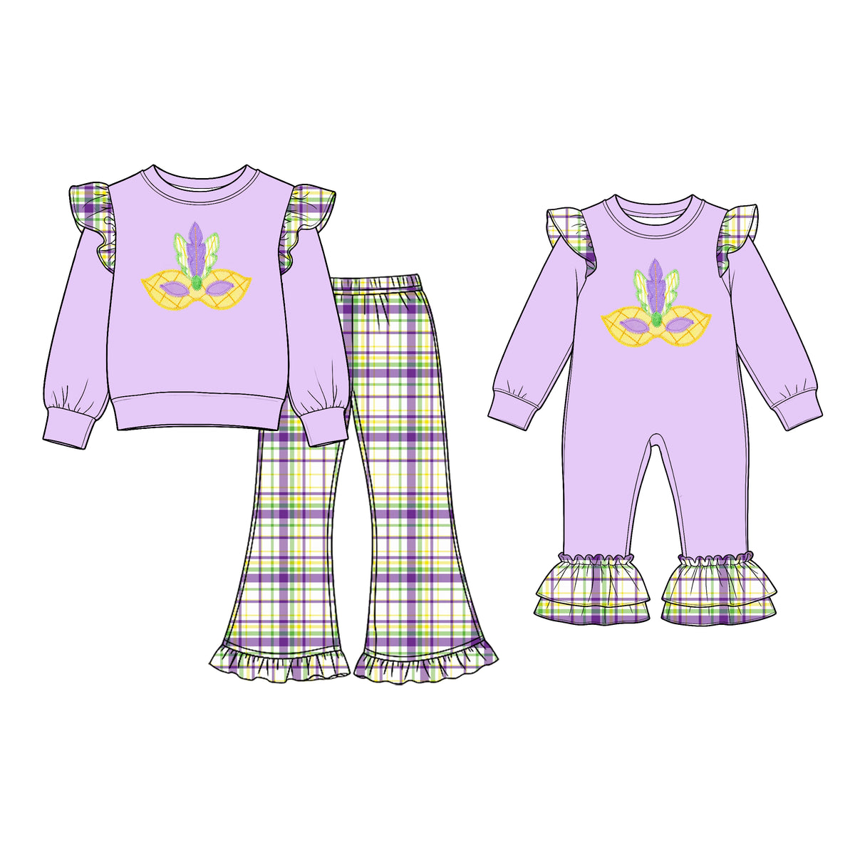 (Preorder new) No moq Baby Girls Purple Print Ruffle Sleeve Top and Plaid Flare Pants Set Ruffle Long Sleeve Romper