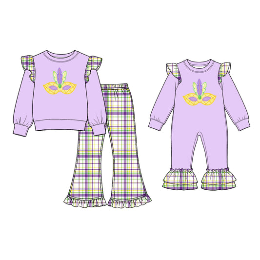 (Preorder new) No moq Baby Girls Purple Print Ruffle Sleeve Top and Plaid Flare Pants Set Ruffle Long Sleeve Romper