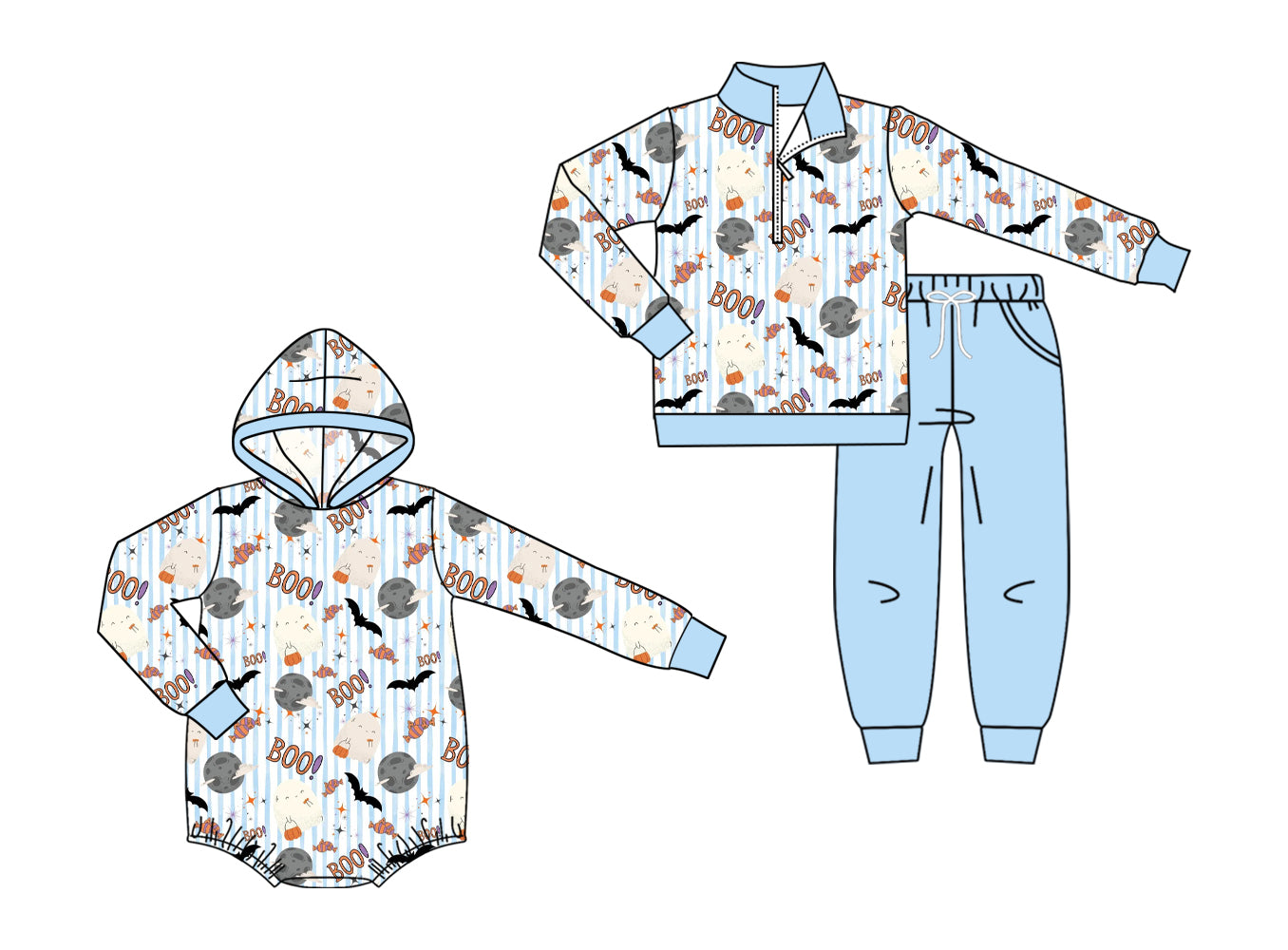 (Preorder new) No moq Baby Boys Halloweens Blue Stripe Boo Bats Print Zip Pullover Pocket Top Matching Jogger Set Rompers