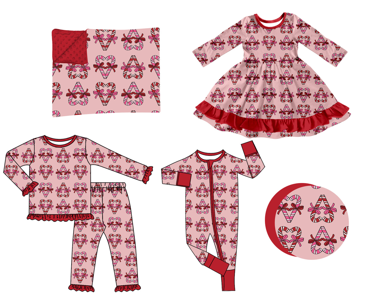 (Preorder new) No moq Baby Girls Christmas Candy Cane Print Bow Long Sleeve Top Ruffle Pants Pajama Set Dress Romper Blankets