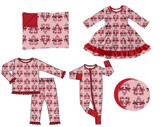 (Preorder new) No moq Baby Girls Christmas Candy Cane Print Bow Long Sleeve Top Ruffle Pants Pajama Set Dress Romper Blankets